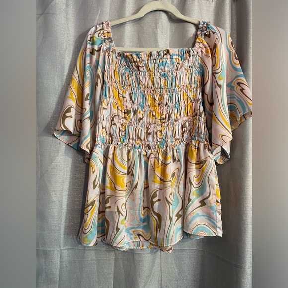 Chenault Tops - Chenault Yellow and Blue Smocked Flutter Sleeve Blouse